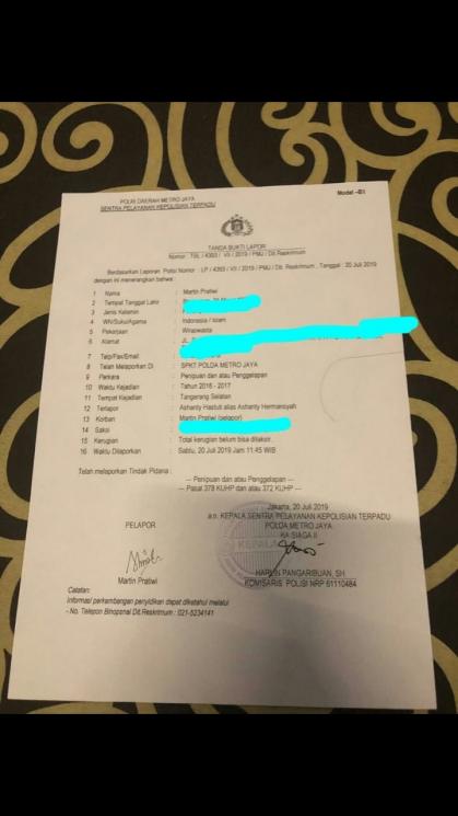 Berkas laporan kasus dugaan penipuan atas Ashanty yang diterima Suara.com.