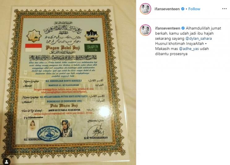 Piagam Badal Haji almarhum istri Ifan Seventeen (Instagram/@ifanseventeen)