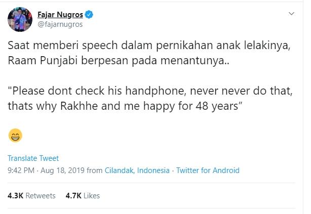 Pesan Raam Punjabi untuk menantunya (Twitter/@fajarnugros)