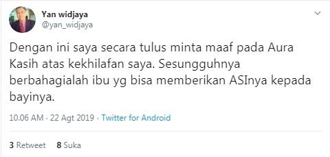 Permintaan maaf Yan Widjaya ke Aura Kasih. [Twitter] 