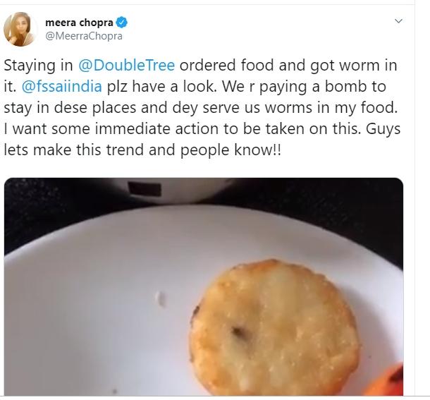 Meera Chopra menemukan cacing saat makan di hotel bintang lima (Twitter/@MeerraChopra)