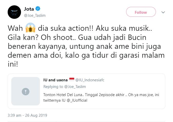 Joe Taslim ngefans IU. (Twitter/@Joe_Taslim)