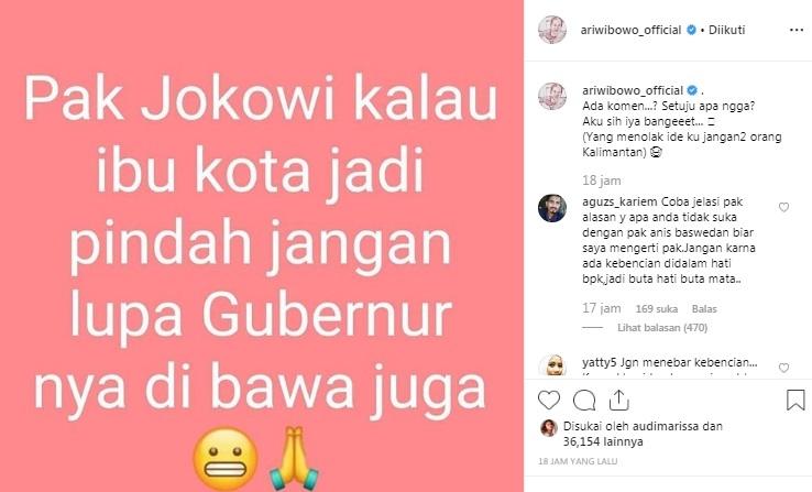 Postingan Ari Wibowo soal pemindahan Ibu Kota. [Instagram]