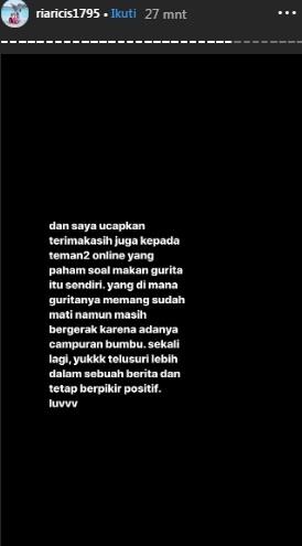 Ria Ricis minta maaf terkait insiden makan gurita hidup. [Instagram]