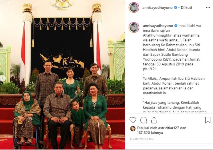 Ibu SBY meninggal dunia (Instagram/@annisayudhoyono)