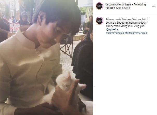 Iqbaal Ramadhan mainan kucing. (Instagram/@falconmovie.fanbase)