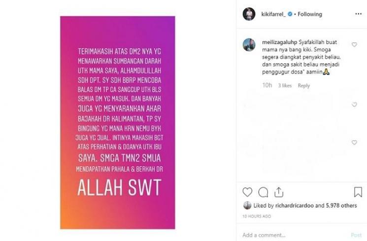 Ucapan terimakasih Kiki Farrel (Instagram @kikifarrel_)