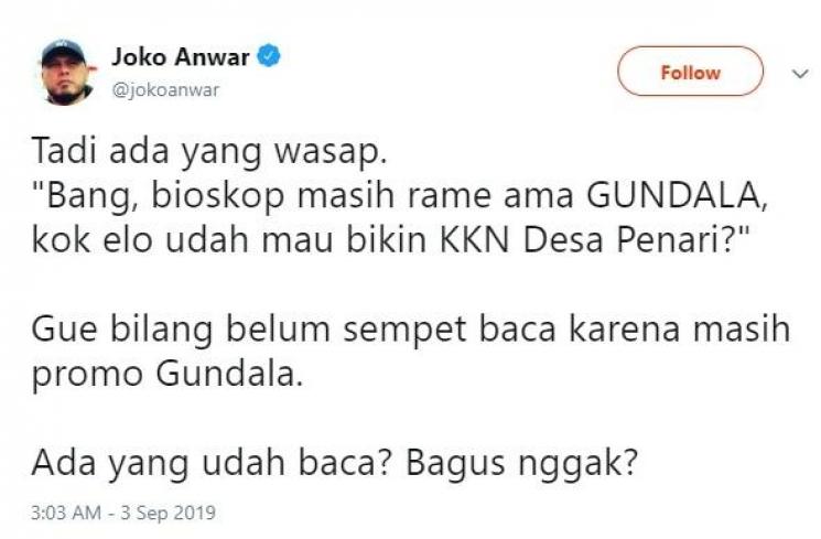 Tweet Joko Anwar soal KKN di Desa Penari. (Twitter)