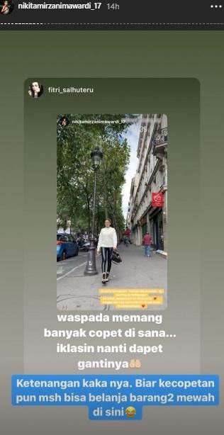 Curhat Nikita Mirzani kecopetan di Paris. (Instagram/@nikitamirzanimawardi_17)