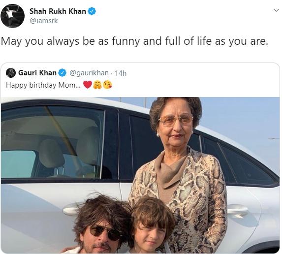 Ibu mertua Shah Rukh Khan ultah (Twitter/@iamsrk)
