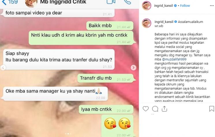 Bukti penipuan atas nama Ingrid Kansil (Instagram/@ingrid_kansil)