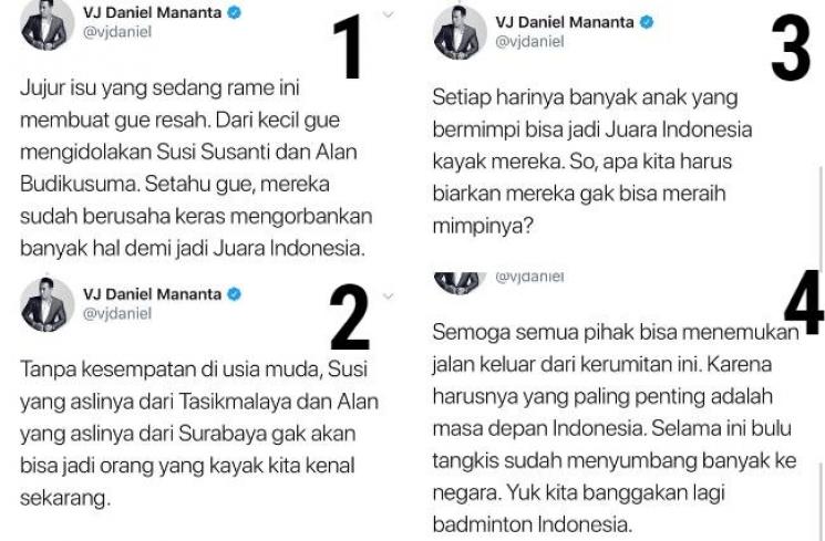 Komentar Daniel Mananta soal polemik PB Djarum dan KPAI. (Twitter/Instagram)