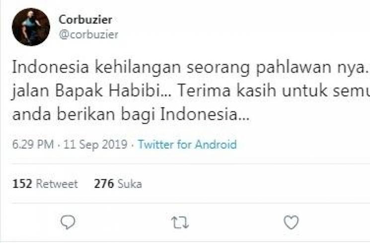 Bela sungkawa Deddy Corbuzier untuk BJ Habibie. [Twitter]