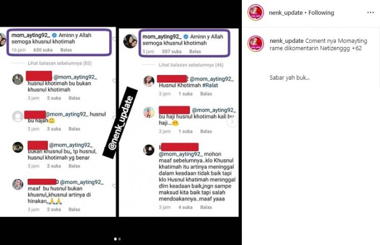 Komentar Ibunda Ayu Ting Ting (Instagram/@nenk_update)