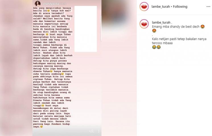 Instagram Stories Shandy Aulia (Instagram/@lambe_turah)