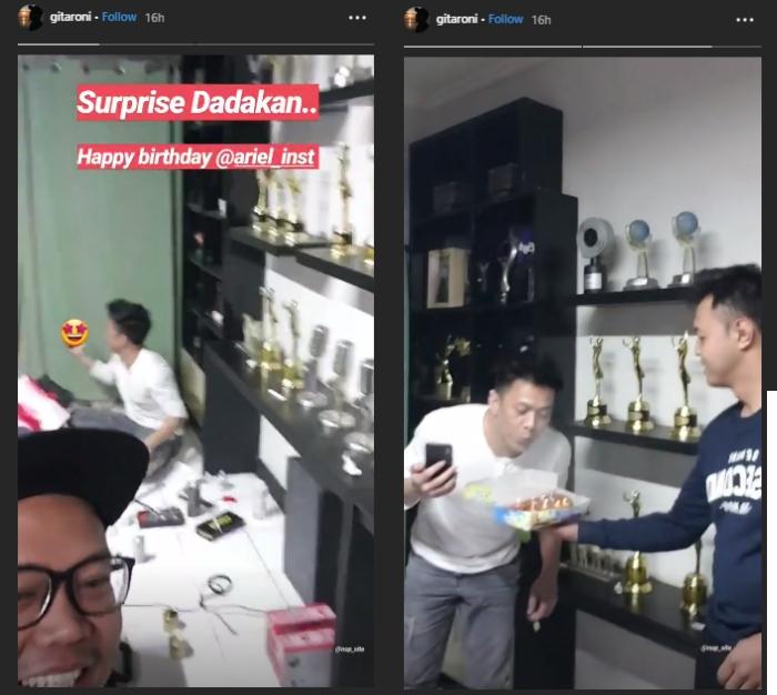 Ariel NOAH diberi surprise. (Instagram/@gitaroni)