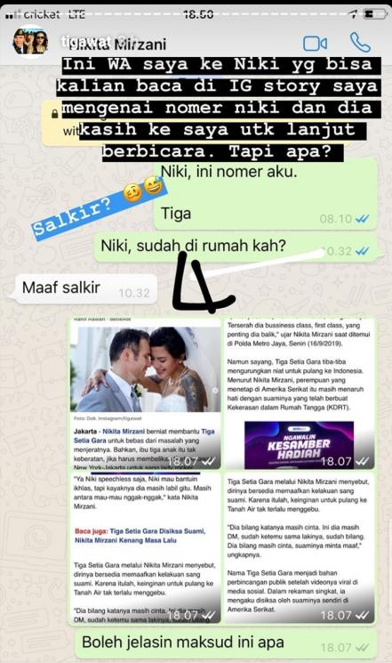 DM Tiga Setia Gara ke Nikita Mirzani (Instagram/@tigawat)