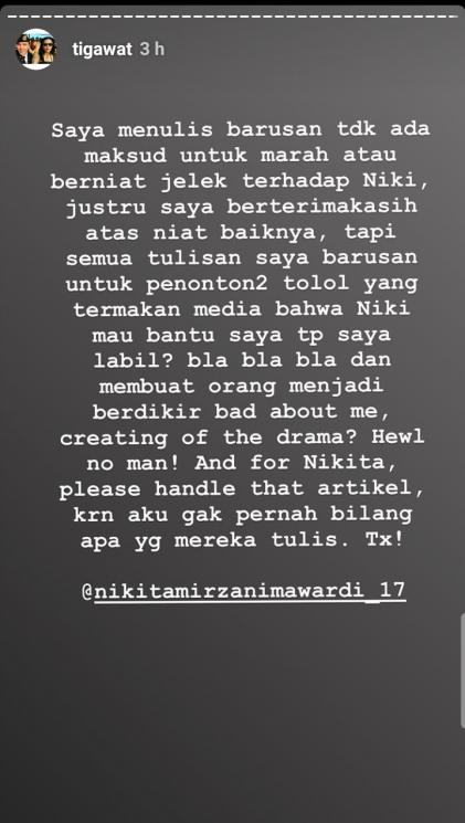 DM Tiga Setia Gara ke Nikita Mirzani (Instagram/@tigawat)