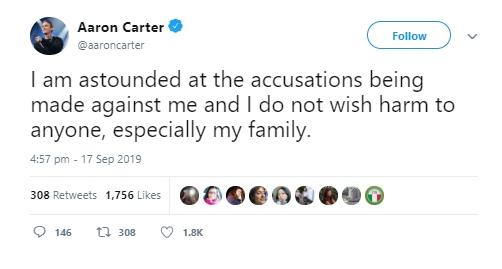 Balasan cuitan Aaron Carter di Twitter. (Twitter/@AaronCarter)