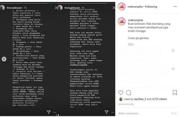 Komentar Dian Sastro soal RKUHP (Instagram @makrumpita)
