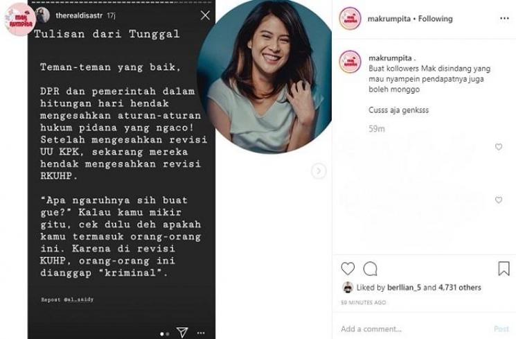 Komentar Dian Sastro soal RKUHP (Instagram @makrumpita)