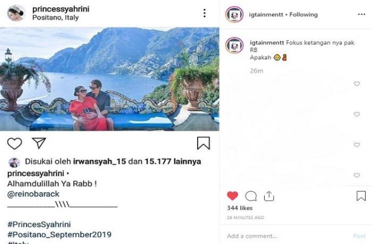 Reino Barack mengelus manja perut Syahrini (Instagram @igtainmentt)