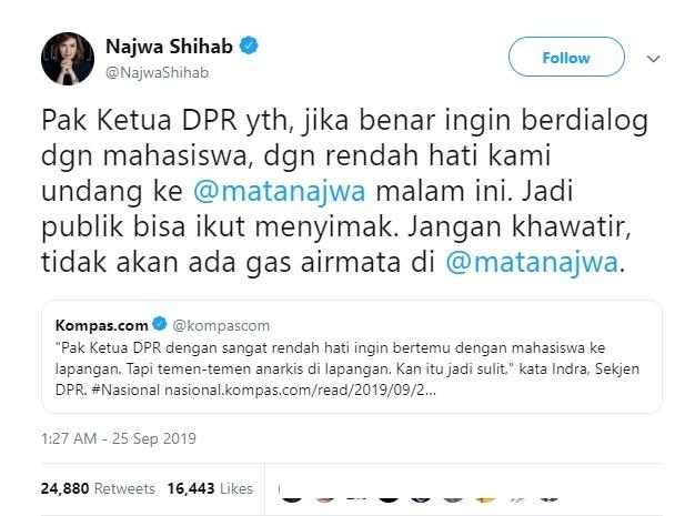 Undangan terbuka Najwa Shihab untuk Ketua DPR. (Twitter)