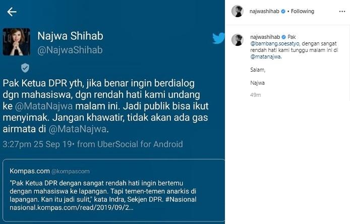 Undangan terbuka Najwa Shihab untuk Ketua DPR. (Instagram)