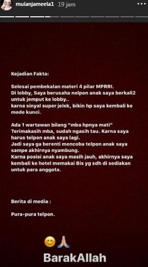 Klarifikasi Mulan Jameela diberitakan pura-pura telpon saat diwawancara wartawan. [Instagram]