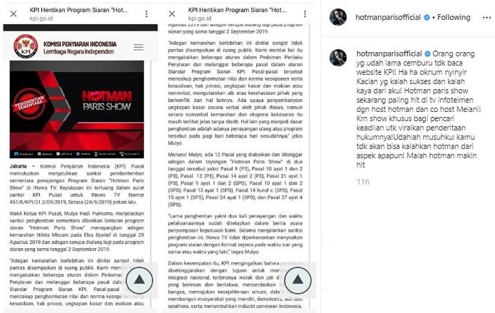 Postingan Hotman Paris soal acaranya dihentikan KPI. (Instagram/@hotmanparisofficial)