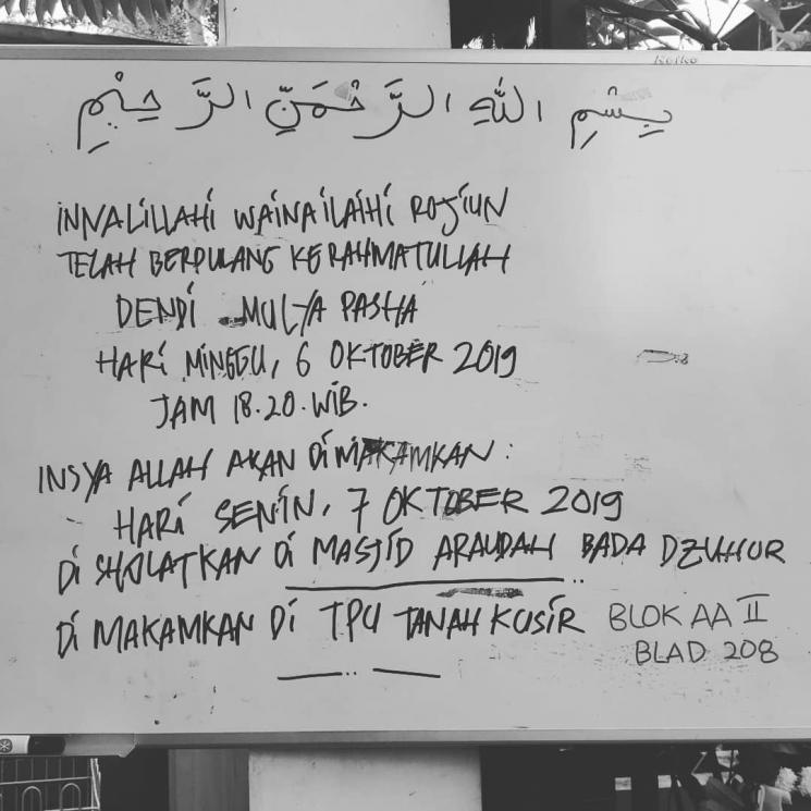 Arini Cempaka sampaikan kabar duka meninggalnya Dendy Mikes di Instagram.