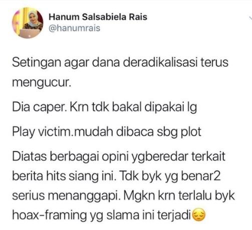 Cuitan Hanum Rais soal Wiranto di Twitter.