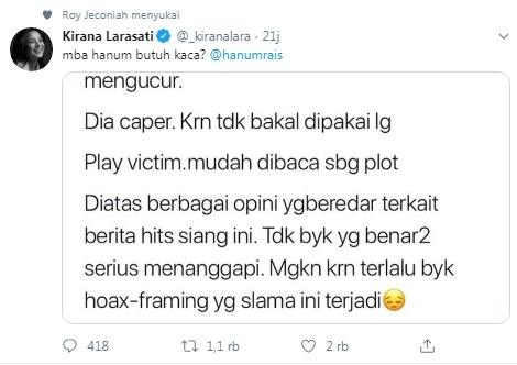 Kirana Larasati tanggapi cuitan Hanum raissoal Wiranto di Twitter.