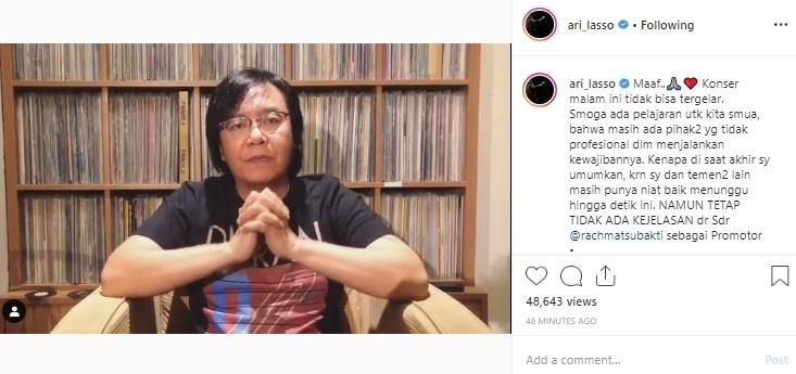 Permintaan maaf Ari Lasso soal konsernya yang gagal digelar. (Instagram/@ari_lasso)