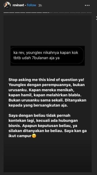 Revina VT jelaskan soal Young Lex. (Instagram/@revinavt)