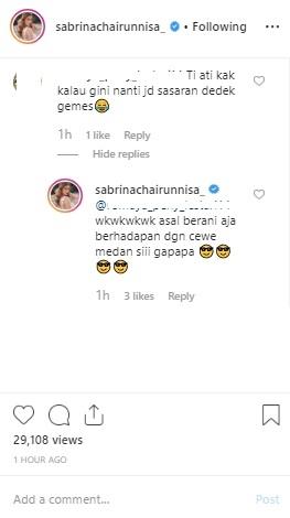 Balasan Sabrina Cairunnisa. (Instagram/@sabrinachairunnisa_)