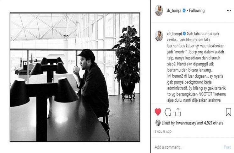 Tompi curhat pernah ditawari jadi mentri (Instagram @dr_tompi)