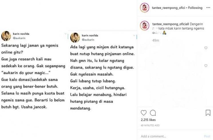 Sindiran pedas Awkarin untuk pengemis online (Instagram @tantee_reempong_oficiall)