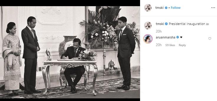 Presiden Joko Widodo didampingi Ibu Negara Iriana Joko Widodo menyambut kedatangan Sultan Brunei Darussalam, Sultan Hassanal Bolkiah yang didampingi oleh Pangeran Abdul Mateen, di Istana Merdeka, Jakarta, Minggu (20/10).