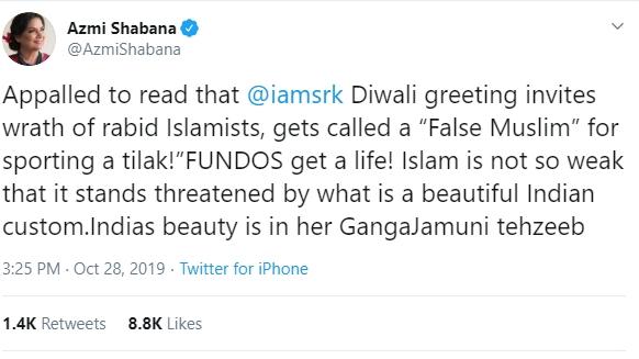 Cuitan Shabana Azmi bela Shah Rukh Khan (Twitter/@AzmiShabana)