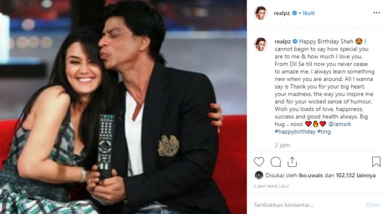 Preity Zinta ucapkan ultah ke Shah Rukh Khan (Instagram/@realpz)