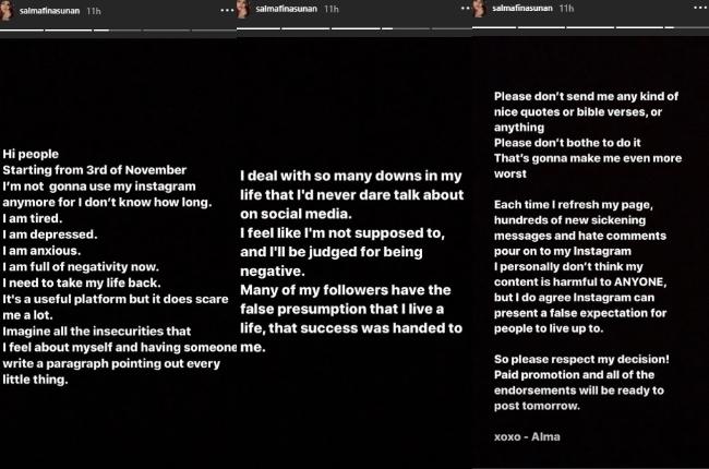 Curhat Salmafina Sunan pamit dari Instagram. (Instagram/@salmafinasunan)