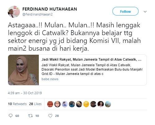 Mulan Jameela disentil politisi. (Twitter/FerdinandHaean2)