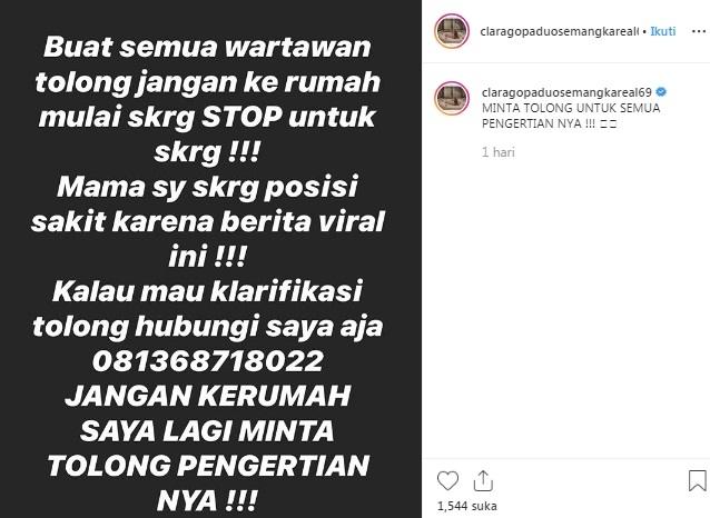 Postingan Clara Gopa di Instagram terkait kasus kanopi.