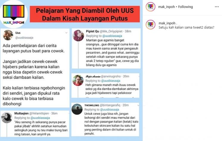 Komentar Uus terkait kisah layangan putus (Instagram/@mak_inpoh)