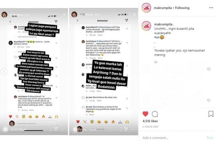 Lucinta Luna murka dengan komentar Boy William (Instagram @makrumpita)