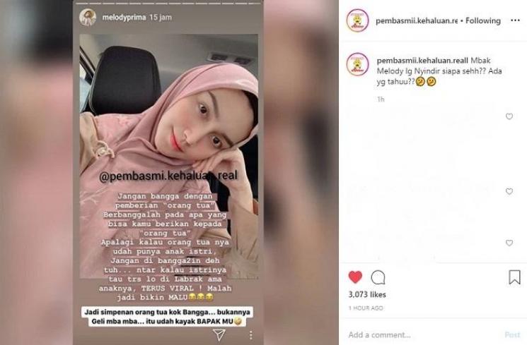 Unggahan Melody Prima (Instagram @pembasmii.kehaluan.reall)