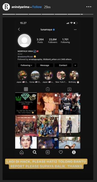 Luna Maya dihack. (Instagram/@anindyarima)