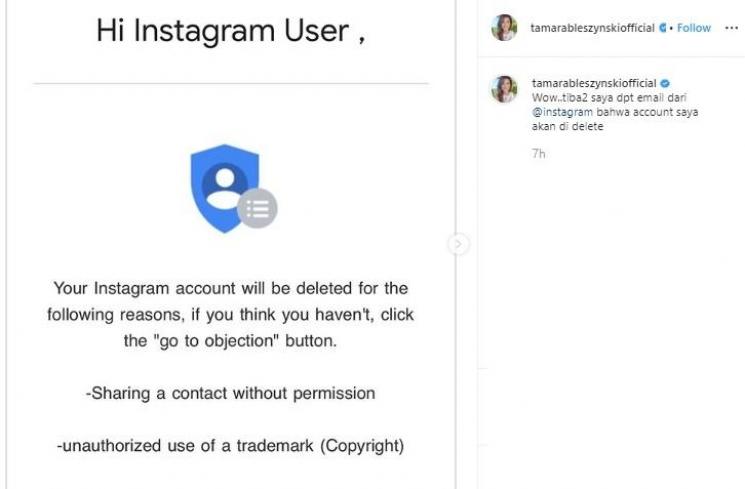 Tamara Bleszynski curhat dapat email akun Instagramnya akan dihapus. (Instagram/@tamarableszynskiofficial)
