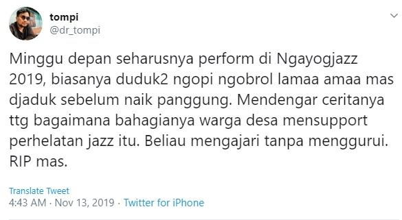 Belasungkawa Tompi atas meninggalnya seniman Djaduk Ferianto. (Twitter)